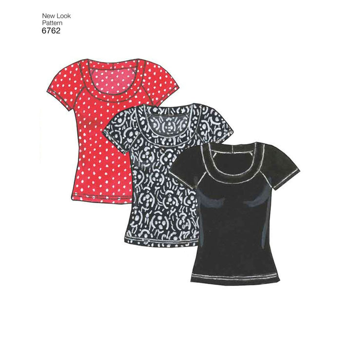 An illustration showcases three chic tops, all with round necklines. The first top is red adorned with white polka dots, the second boasts a black and white floral design, and the third is entirely solid black. These stylish tops pair perfectly with knit trousers to form a complete look. This set is labeled under "Pattern - NEW LOOK - 6762 - Misses’ Coordinates" by Super Cheap Fabrics.