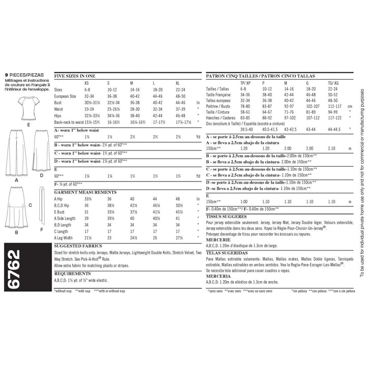 Pattern - NEW LOOK - 6762 - Misses' Coordinates by Super Cheap Fabrics features a sewing pattern envelope displaying various design choices including a top, skirt, and knit trousers. It includes detailed sizing charts, fabric requirements, and garment measurements in both English and French for sizes XS to XL.