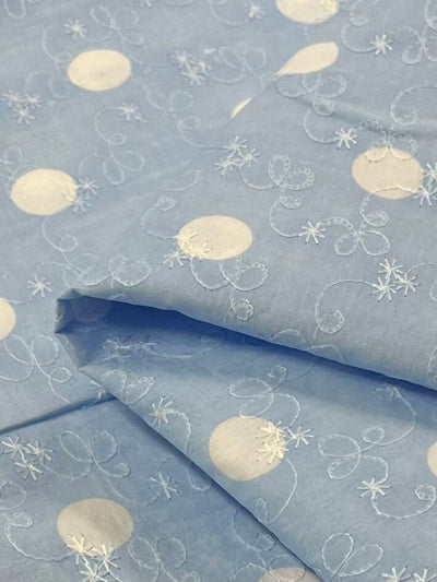 Embroidered Printed Cotton - Baby Blue- 112cm