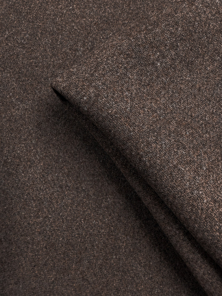 A close-up of Super Cheap Fabrics' Melton Wool - Shitake (150cm) highlights its soft texture and fine weave—perfect as a heavyweight outerwear fabric.
