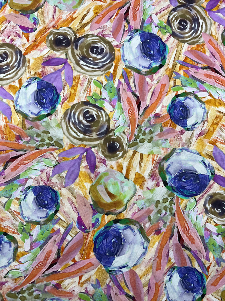 A vibrant abstract painting featuring various flowers in blue, purple, and brown hues. The flowers are surrounded by bold, colorful strokes in pink, orange, green, and yellow, mimicking the lively energy of Super Cheap Fabrics' Designer Rayon - Nursery Dreams - 145cm with its versatile fabric's vibrant prints.