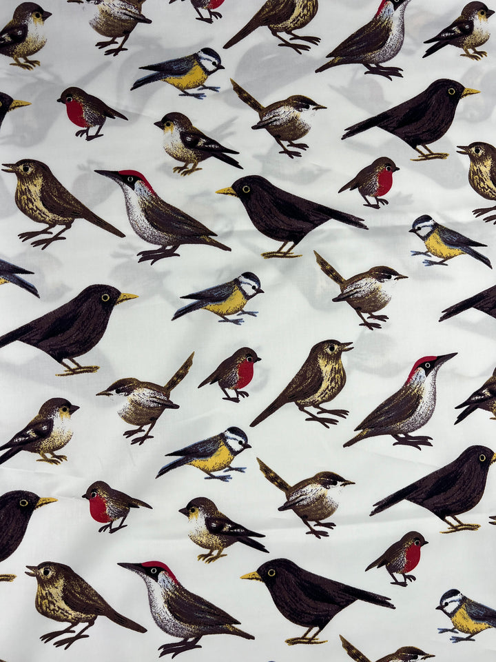 Bird-themed cotton sateen fabric featuring various illustrated birds such as robins, blackbirds, and sparrows in different poses and orientations. The **Cotton Sateen - Sanctuary - 150cm** by **Super Cheap Fabrics** is detailed in natural colors, primarily brown, black, red, and yellow, against a light background.