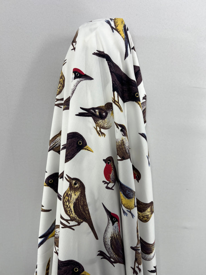 A piece of *Cotton Sateen - Sanctuary - 150cm* by *Super Cheap Fabrics* is displayed, adorned with a colorful bird pattern. The design features various birds, including robins, sparrows, and finches, in different poses. The lightweight fabric drapes smoothly against a plain gray background.