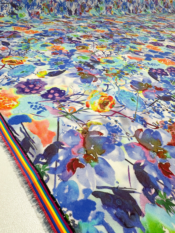 A close-up of Designer Rayon - Cortney by Super Cheap Fabrics features vibrant blue, purple, orange, and yellow floral patterns on a soft white background with a rainbow stripe design along the edge.