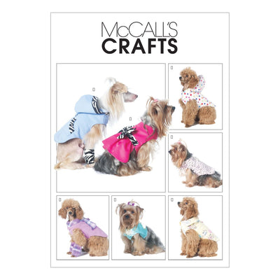 Pattern cover titled "Super Cheap Fabrics - Pattern - Mccall's - M6218 - Pet Clothing, Vest and Jacket" showcasing six different pet clothing outfits for the winter months. Images feature small dogs modeling various coats and jackets in colors like blue, pink, and purple, with patterns including stripes, polka dots, and plaid. Fabric suggestions are included.