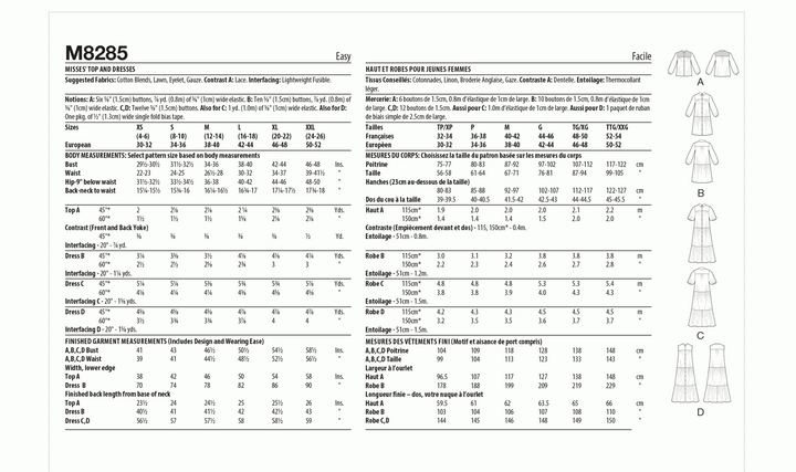 Discover the detailed sewing pattern guide for Misses' Top and Dresses Mccall's M8285, brought to you by Super Cheap Fabrics. This guide features measurements, sizes, fabric recommendations, and diagrams of four chic designs (A, B, C, D) with contrast details. The text is bilingual in English and French for a clear crafting journey.