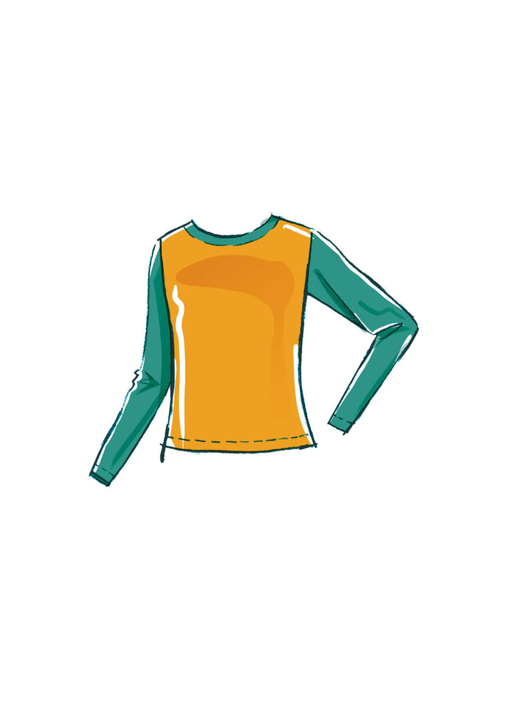 Illustration of a children's rash guard bodysuit from the "Pattern - Mccall's - M8395" collection by Super Cheap Fabrics, featuring a bright orange body and teal sleeves in lightweight denim. The bodysuit is depicted on a plain white background with a simple, hand-drawn style.