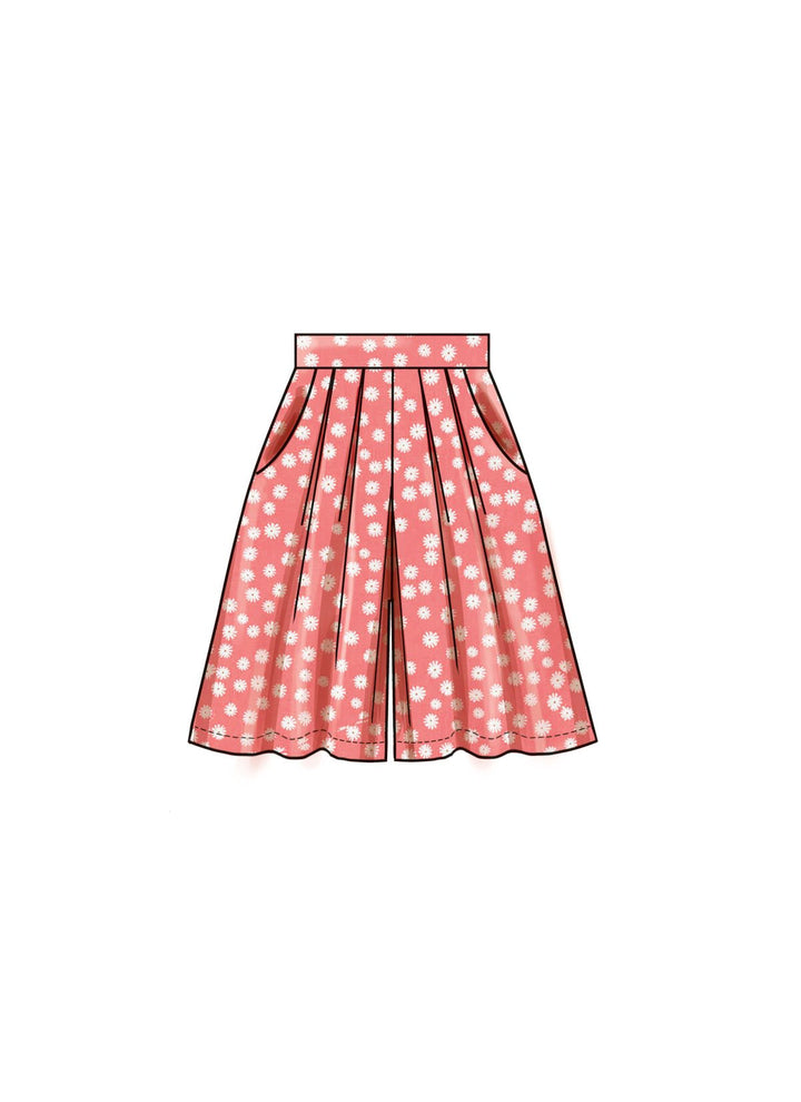 Illustration of a pink pleated skirt inspired by classic sewing patterns, adorned with a white floral pattern and black borders. It features a high waist with pockets on both sides and falls to mid-calf length, set against a plain white background. This design draws inspiration from the "Pattern - New Look - 6756" by Super Cheap Fabrics.