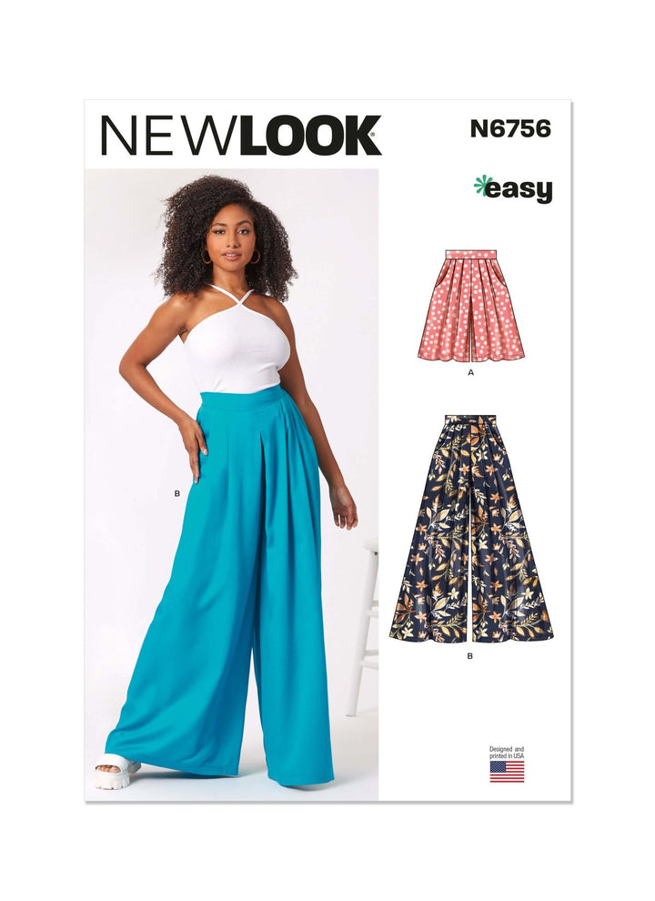 Sewing pattern cover showcasing a woman wearing a halter-neck draped top paired with blue wide-leg pull-on trousers. Two additional pants styles are highlighted: one in coral with a white floral pattern, and another in navy featuring a yellow and pink floral design. The text reads "Super Cheap Fabrics - Pattern N6756 - Misses’ Shorts and Trousers, Easy.