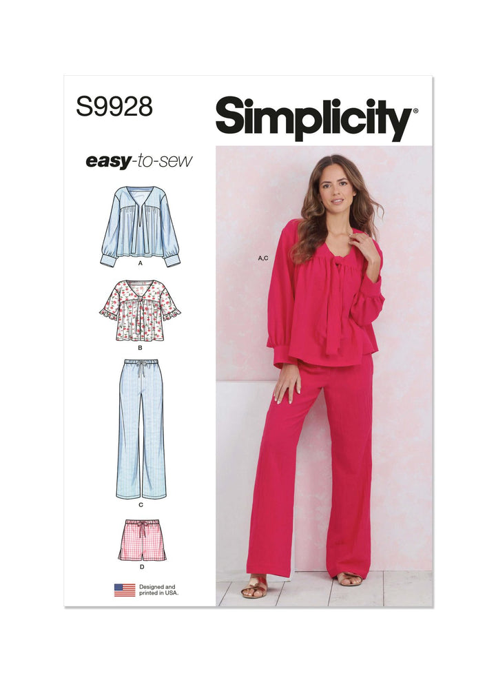 A package from Super Cheap Fabrics showcases the Simplicity Pattern 9928, featuring a model wearing a red long-sleeved blouse and pants. To the left are illustrations of various styles labeled A, B, C, and D. The text "easy-to-sew" suggests these pieces are ideal for pairing with a wide brim hat or large tote for extra flair.