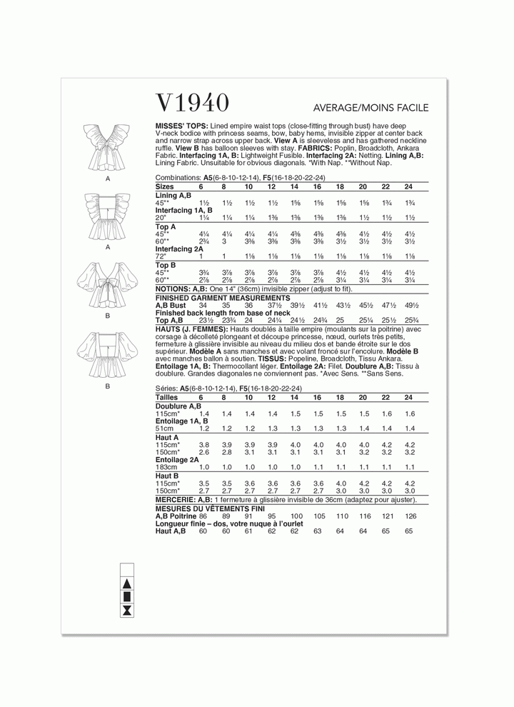 The instructions page for the "Pattern - Vogue - 1940 - Misses’ Tops" by Super Cheap Fabrics features design sketches of tops with ruffled sleeves, suggesting a pairing with a knit dress. It provides fabric requirements, notions, sizes, and measurements in both English and French for garments crafted from stretch fabrics.