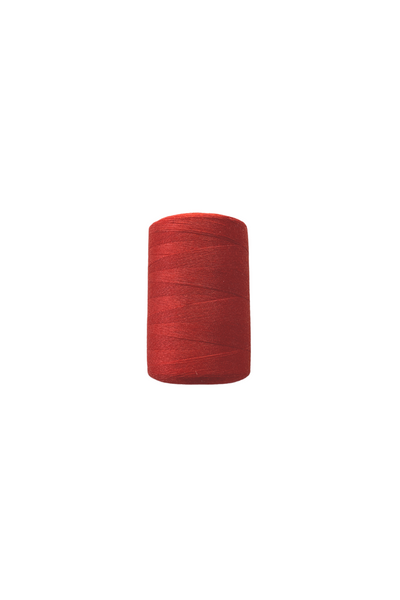 A close-up view of a cylindrical spool of Super Cheap Fabrics Thread - Red made from spun polyester against a plain white background. The 1000 meters of thread is tightly wound around the spool.