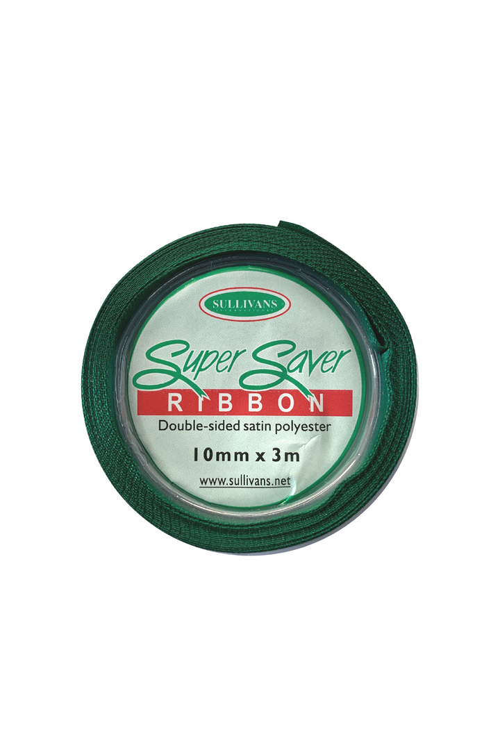 A spool of green double-sided satin polyester ribbon is shown. The label reads "Super Cheap Fabrics Ribbon - 12 Colours, double-sided satin polyester, 10mm x 3m." Available in 12 colors, the Super Cheap Fabrics logo and website are printed at the top and bottom of the label respectively.