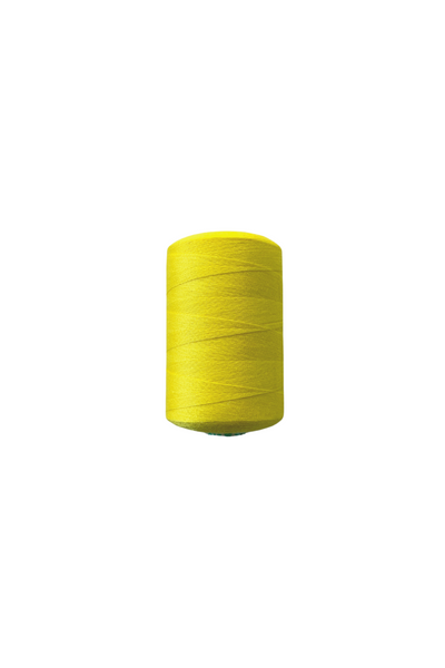 A spool of Super Cheap Fabrics Thread - Yellow is displayed against a white background. The thread, made of 100% spun polyester, is tightly wound into a cylindrical shape with smooth, even layers. The vibrant color stands out prominently, making the 1,000-meter spool easy to see.