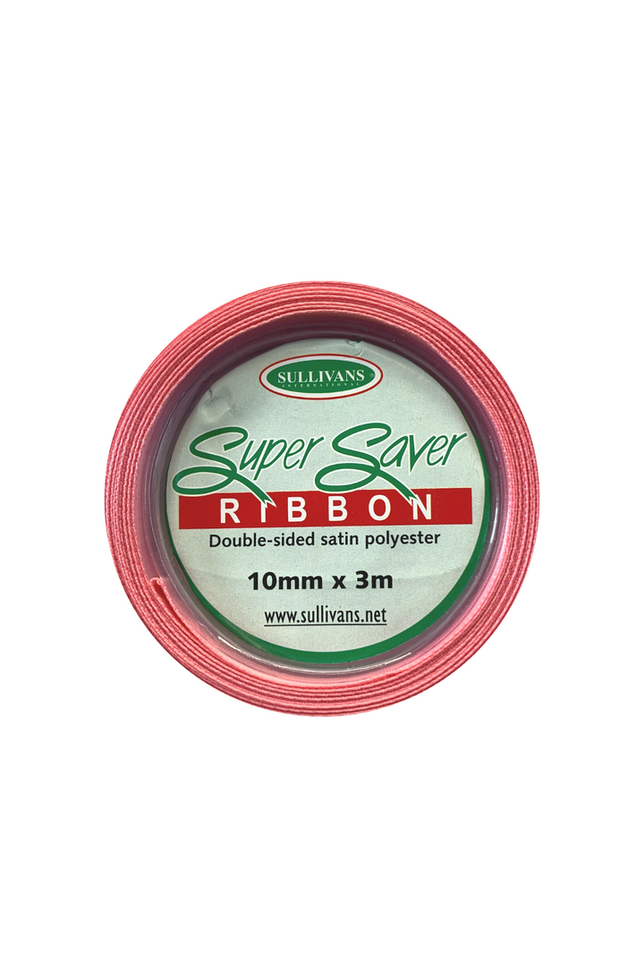 A spool of Super Cheap Fabrics Ribbon - 12 Colours, featuring a double-sided satin polyester design available in 12 colours. The ribbon is 10mm wide and 3m long. The label is primarily light green with red and green text, all encased by a pink ribbon edge.