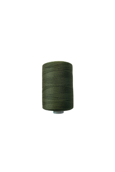 A spool of Super Cheap Fabrics Thread - Olive, made from 100% spun polyester, isolated on a white background. The thread is wound tightly around the cylindrical spool with visible layers and a smooth texture.