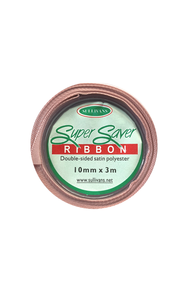 A roll of Ribbon - 12 Colours from Super Cheap Fabrics. The double-sided satin polyester ribbon, available in 12 colors, measures 10mm in width and 3 meters in length. The packaging is predominantly green with a red and white label showing the brand and product details.
