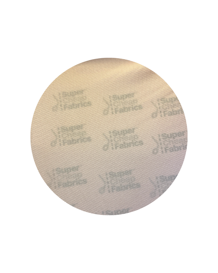 A circular swatch of Shell Blush plain mesh fabric from Super Cheap Fabrics, 120 GSM, semi-sheer light beige polyester with a subtle woven texture, faint gray branding and logo on a white background. Width: 162cm.