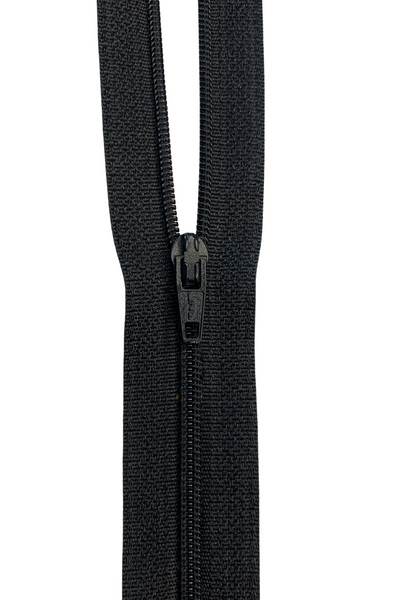 Close-up image of a strong, black zipper partially unzipped, showcasing its durable metal teeth and slider. The Zip - Black - 42cm from Super Cheap Fabrics is attached to fabric, with the top part open and the bottom part closed.